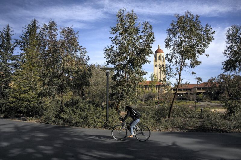 STANFORD, CA - MARCH 09: Hoover Tower looms during a quiet morning at Stanford University on March 9, 2020 in Stanford, California. Stanford University announced that classes will be held online for the remainder of the winter quarter after a staff member working in a clinic tested positive for the Coronavirus.   Philip Pacheco/Getty Images/AFP