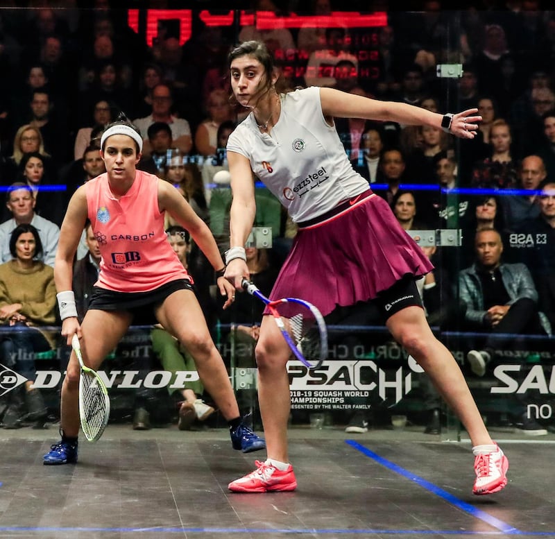 Mandatory Credit: Photo by TANNEN MAURY/EPA-EFE/Shutterstock (10129195c)
Nour El Sherbini of Egypt (R) in action against Nour El Tayeb of Egypt (L) during the finals of the 2018-2019 PSA World Championship squash tournament at Union Station in Chicago, Illinois, USA, 02 March 2019.
PSA World Championships in Chicago, USA - 02 Mar 2019