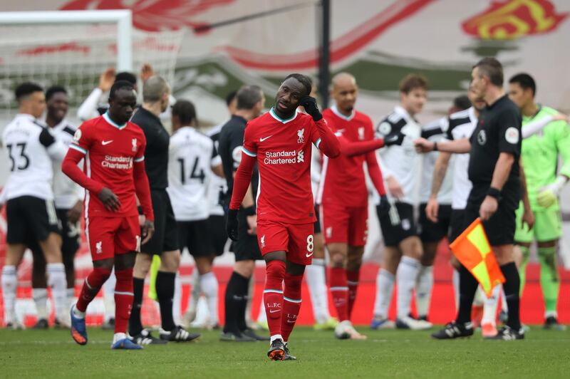 LIVERPOOL, ENGLAND - MARCH 07: Naby Keita of Liverpool looks dejected following the Premier League match between Liverpool and Fulham at Anfield on March 07, 2021 in Liverpool, England. Sporting stadiums around the UK remain under strict restrictions due to the Coronavirus Pandemic as Government social distancing laws prohibit fans inside venues resulting in games being played behind closed doors. (Photo by Clive Brunskill/Getty Images)