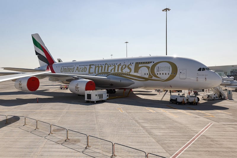An Emirates Airbus A380 aircraft on the tarmac at the 2021 Dubai Airshow. AFP