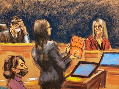 Prosecutor Lara Pomerantz questions psychologist Elizabeth Loftus during the trial of Ghislaine Maxwell, the Jeffrey Epstein associate accused of sex trafficking, in a courtroom sketch in New York City. Reuters