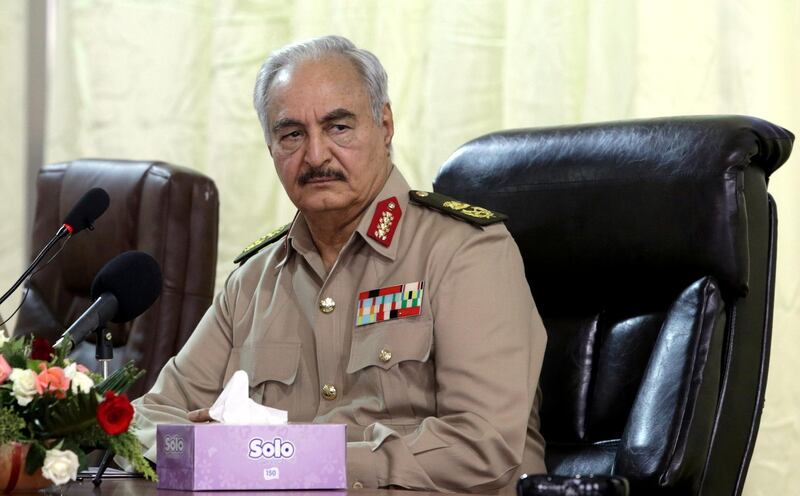 FILE PHOTO: Libya's eastern-based commander Khalifa Haftar attends General Security conference, in Benghazi, Libya, October 14, 2017. REUTERS/Esam Omran Al-Fetori/File Photo