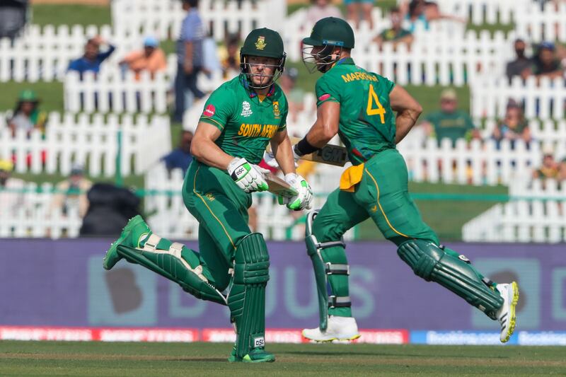 South Africa's David Miller, left, and teammate Aiden Markram during the T20 World Cup match against Australia in Abu Dhabi. AP