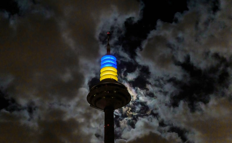 The Frankfurt Europe Tower in the colours of the Ukrainian flag as a sign of solidarity with the people suffering from the war in Ukraine.  AP