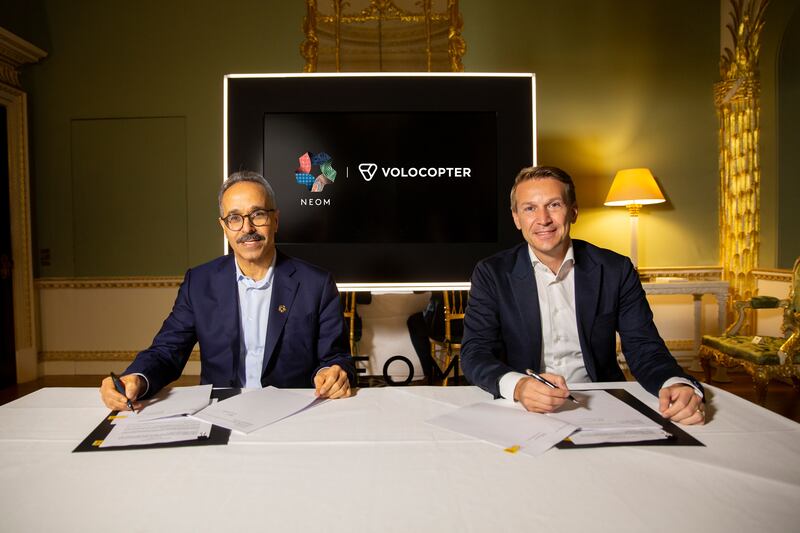 Nadhmi Al Nasr and Christian Bauer at the signing ceremony between Neom and Volocopter. Photo: Neom