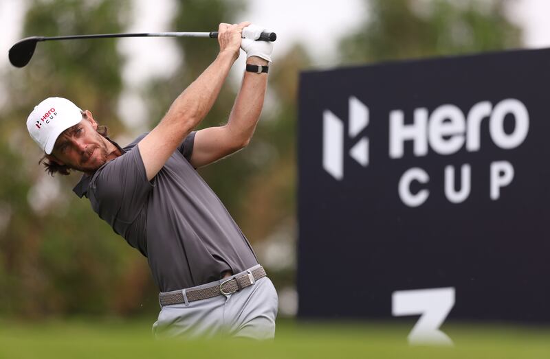 Great Britain & Ireland's Tommy Fleetwood tees off on the third hole during his 3&2 victory against Thomas Pieters. Getty