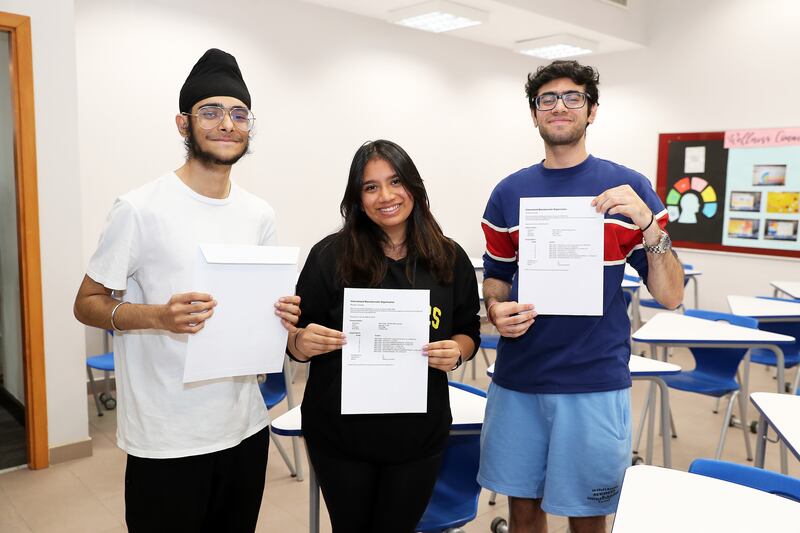 Left to Right: Kabir Singh Pujji, Trisha Agarwal and Bhumit Singh pose after receiving their IB results at Gems Modern Academy.