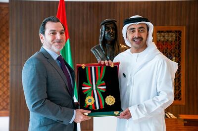  Sheikh Abdullah bin Zayed, Minister of Foreign Affairs and International Co-operation, presents Vasilis Polemitis, Ambassador of Cyprus, with the Order of Independence First Class. Wam