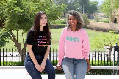 DUBAI, UNITED ARAB EMIRATES , October 8 – 2020 :- Left to Right -  Ayat Toufeeq and Amina Grimen , co-founders of a Dubai based beauty start-up Powder at their home in the Greens in Dubai. (Pawan Singh / The National) For Business. Story by Alkesh