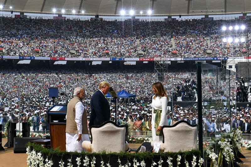 US President Donald Trump, First Lady Melania Trump and India's Prime Minister Narendra Modi arrive to attend 'Namaste Trump' rally at Sardar Patel Stadium in Motera, on the outskirts of Ahmedabad, on February 24, 2020. AFP