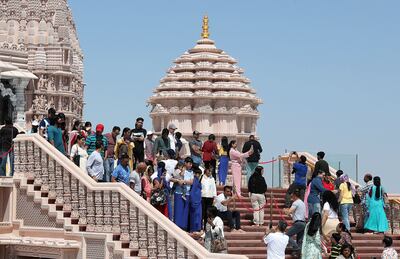 About 65,000 people visited the Baps Hindu Mandir in Abu Dhabi on its opening day. Pawan Singh / The National