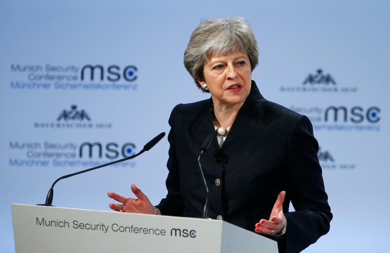 Britain's Prime Minister Theresa May talks at the Munich Security Conference in Munich, Germany, February 17, 2018. REUTERS/Ralph Orlowski