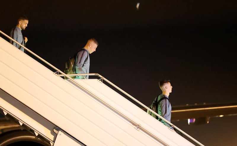 Chelsea players Mateo Kovacic, Ross Barkley and Kepa Arrizabalaga step off the plane after arriving in Baku. Reuters