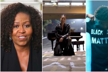 From left: Michelle Obama, Alicia Keys and Roddy Ricch all spoke or performed at the 2020 BET Awards. BET via AP 