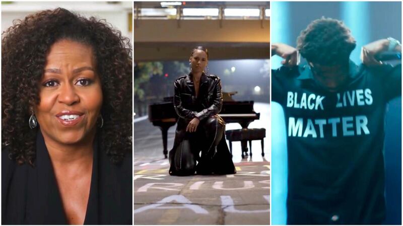 From left: Michelle Obama, Alicia Keys and Roddy Ricch all spoke or performed at the 2020 BET Awards. BET via AP 