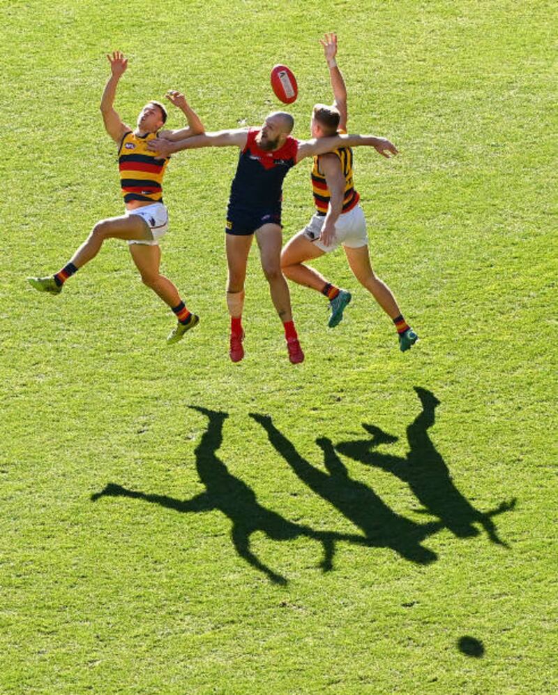 Adelaide Crows' Tom Doedee and Nicholas Murray and  Max Gawn of the Melbourne Demons during the AFL match at Melbourne Cricket Ground on August 15. Getty