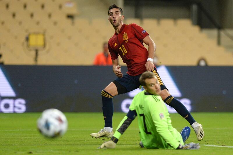 Spain's midfielder Ferran Torres scores his third goal during the UEFA Nations League match against German. AFP
