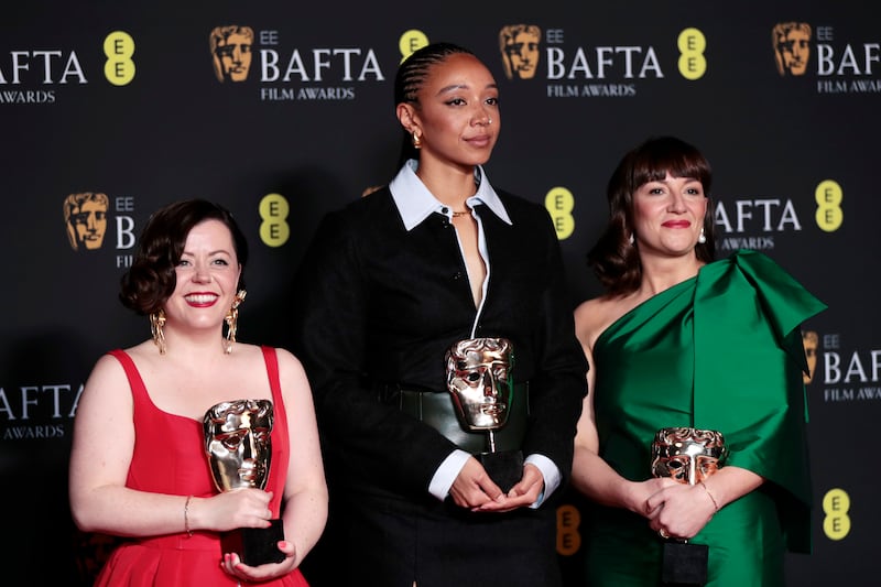 Medb Riordan, Savanah Leaf and Shirley O'Connor with the Baftas for Outstanding Debut by a British Writer, Director or Producer for Earth Mama. Getty Images