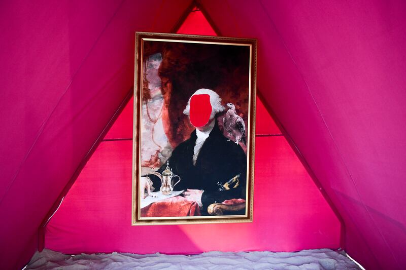 A painting of George Washington cut out as a photo opportunity spot in one of eight tents