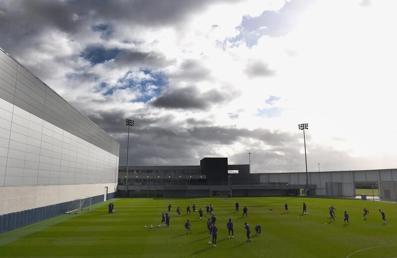 A general view on Monday of the Manchester City Football Academy during a Man City training session ahead of Tuesday night's Champions League match against Barcelona. Laurence Griffiths / Getty Images