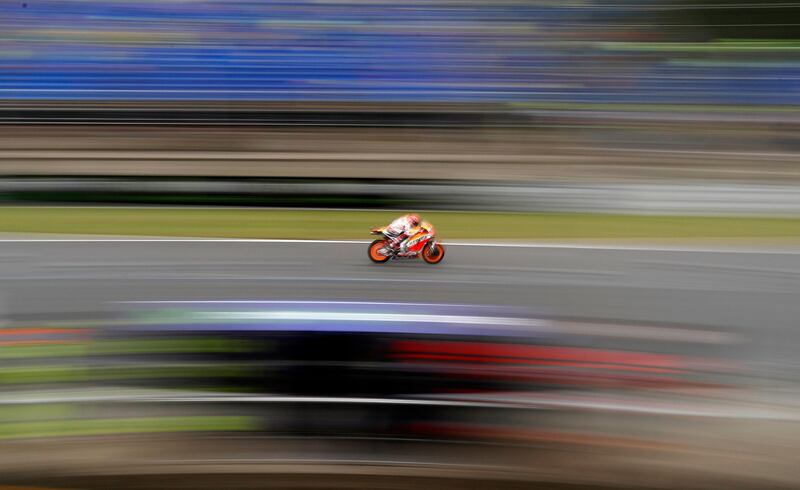 Spain's MotoGP rider Marc Marquez of the Repsol Honda Team rides during a warm up session for the MotoGP race at the Czech Republic motorcycle Grand Prix at the Automotodrom Brno, in Brno, Czech Republic. Petr David Josek / AP Photo