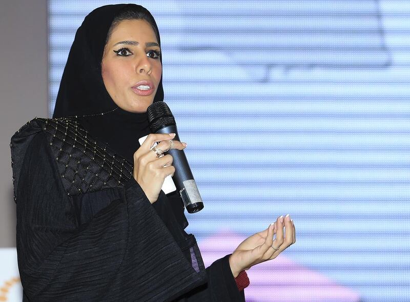 Nada Askar Al Naqbi, head of the executive committee for the Arab Women Sports Tournament, speaks to the press in Sharjah yesterday. Sarah Dea / The National