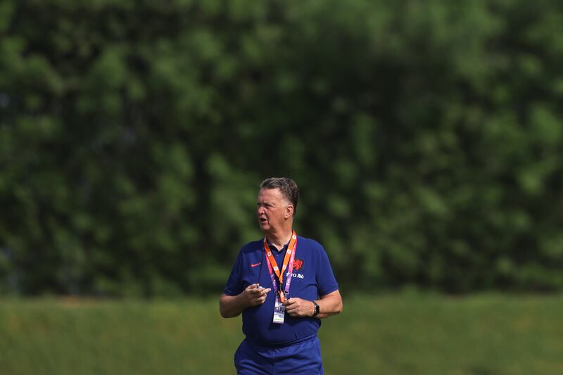 Netherlands manager Louis Van Gaal during a training session at Qatar University. Getty
