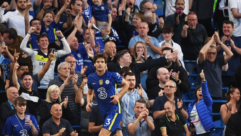 Chelsea's Marcos Alonso celebrates after levelling the scores at 1-1 in the Premier League match against Leicester City on May 19, 2022.  EPA