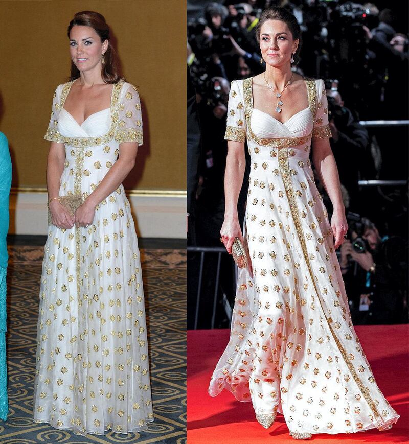 Kate Middleton first wore this gold embroidered Alexander McQueen dress during a tour of Malaysia in 2012, and she recycled it for the 2020 Baftas red carpet. Getty/ AFP