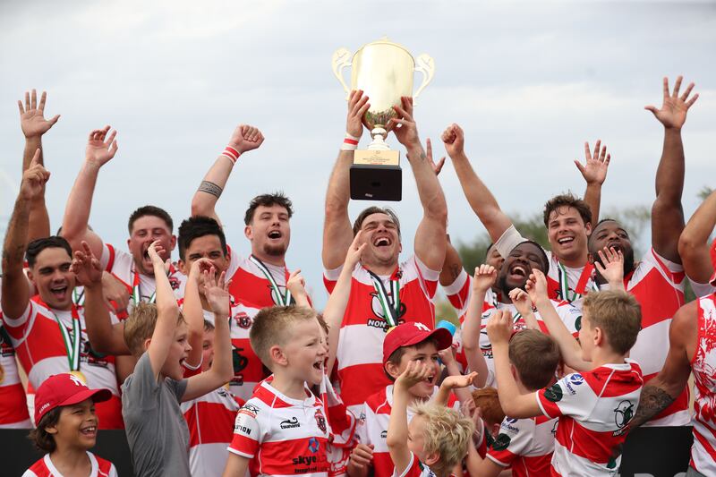 Tigers celebrate winning the West Asia Premiership Final after beating Bahrain 28-19 at Tigers Park, Dubai, on Saturday, April 13, 2023. All pictures: Chris Whiteoak / The National