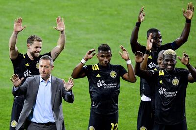 COLUMBUS, OHIO - NOVEMBER 08: Members of the Columbus Crew celebrate a 2-1 win against Atlanta United at MAPFRE Stadium on November 08, 2020 in Columbus, Ohio.   Emilee Chinn/Getty Images/AFP
== FOR NEWSPAPERS, INTERNET, TELCOS & TELEVISION USE ONLY ==
