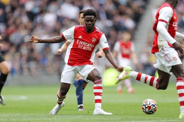 LONDON, ENGLAND - AUGUST 08: Bukayo Saka of Arsenal during The Mind Series Pre-Season Friendly between Tottenham Hotspur and Arsenal at The Tottenham Hotspur Stadium on August 8, 2021 in London, England. (Photo by Charlotte Wilson / Offside / Offside via Getty Images)