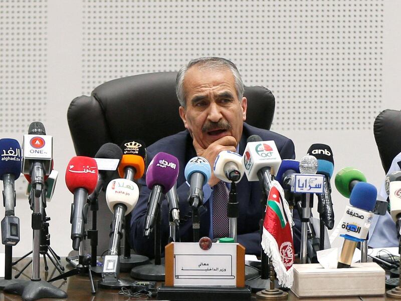 Jordanian Interior Minister Sameer al-Mobaideen gestures as he talks during a news conference in Amman, Jordan August 13, 2018.REUTERS/Muhammad Hamed