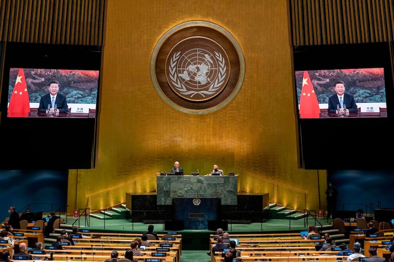 President of the People's Republic of China, Xi Jinping (on screen), as he addresses the general debate. AFP