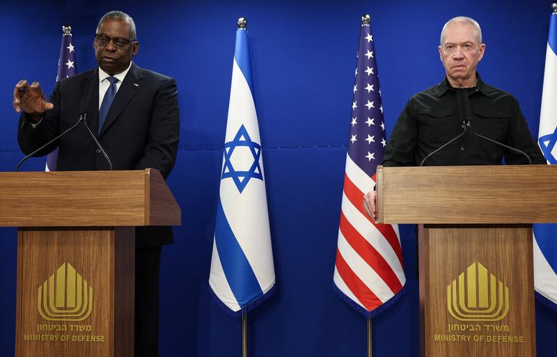 US Secretary of Defence Lloyd Austin and Israeli Defence Minister Yoav Gallant in Tel Aviv, on December 18. Reuters