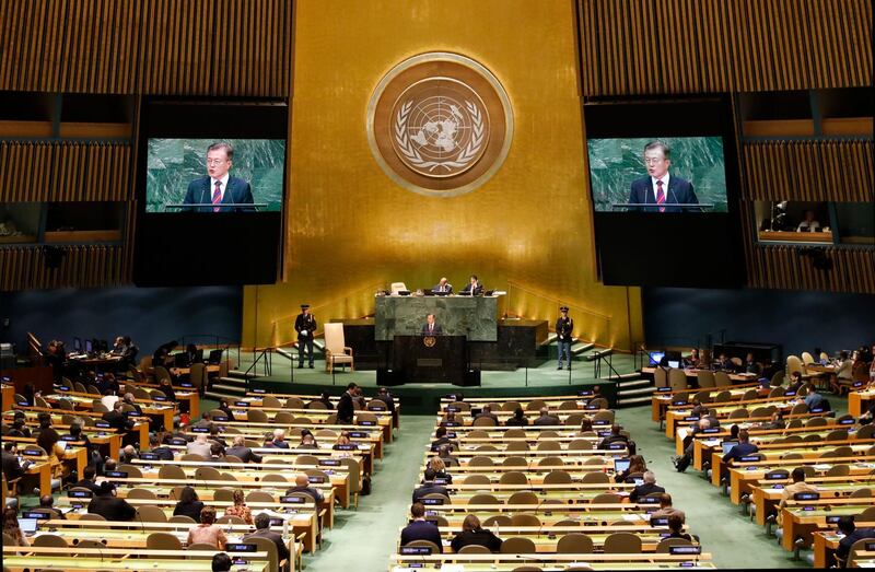 President of South Korea Moon Jae-in addresses the General Debate of the General Assembly of the United Nations at United Nations Headquarters.  EPA