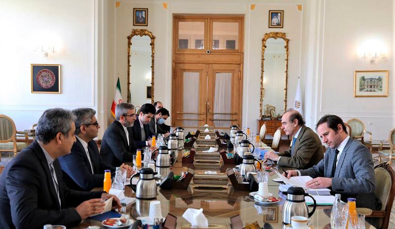 European Union diplomats meet with Iran's nuclear negotiators in Tehran, Iran, on March 27, 2022. AP