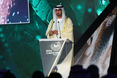 Dr Sultan Al Jaber, Cop28 President-designate, speaking at the opening of the Middle East and North Africa Climate Week in Riyadh. AFP