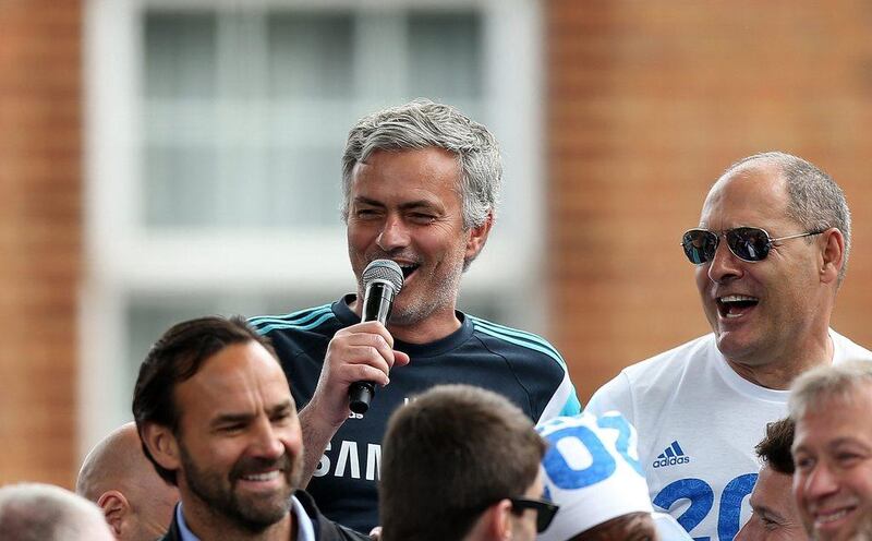 Chelsea manager Jose Mourinho interacts with the crowd during the club’s Premier League title victory parade in London on Monday. Ben Hoskins / Getty Images / May 25, 2015 