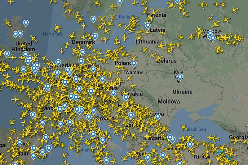 Clear airspace over Ukraine, shortly after the attack began, as shown on the Flightradar24 website. AP