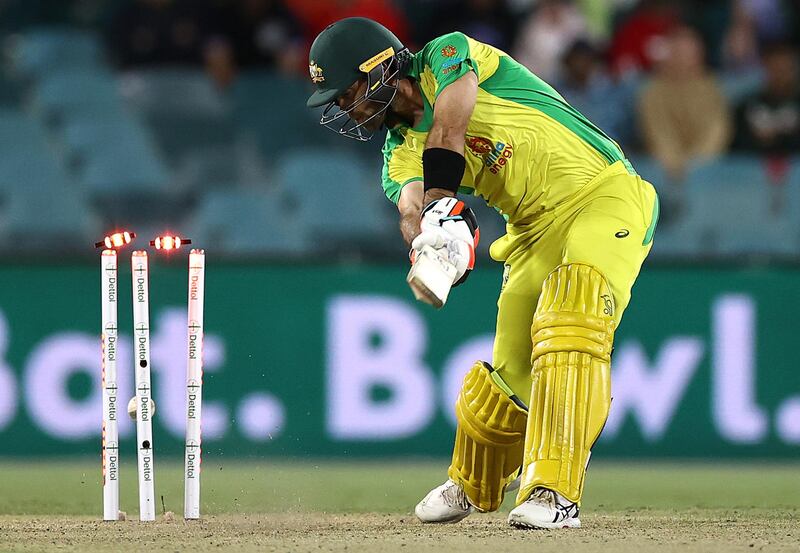 Glenn Maxwell made a quickfire 58 for Australia before being bowled by India quick Jasprit Bumrah at the Manuka Oval in Canberra. Getty