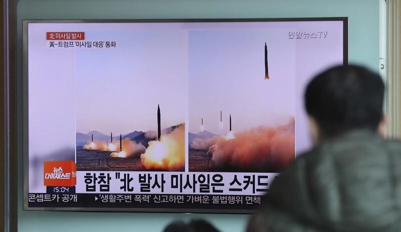 A man watches a TV news channel airing images of North Korea's ballistic missile launch at the Seoul Railway Station in Seoul, South Korea (AP Photo/Lee Jin-man)