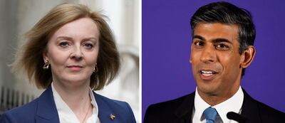 The final candidates in the Conservative Party leadership race, former chancellor of the exchequer Rishi Sunak, right, and Foreign Secretary Liz Truss. AP