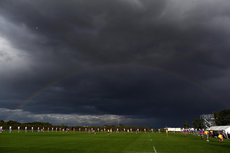 A rainbow forms while the Australian team trains at the Hokkaido Nopporo Sports Park in Ebetsu, ahead of the Rugby World Cup in Japan. Getty