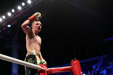 Sunny regains his title. Sunny Edwards (green gold and black shorts) takes on Muhammad Waseem in the IBF Flyweight Title match. Dubai tennis stadium. Chris Whiteoak / The National