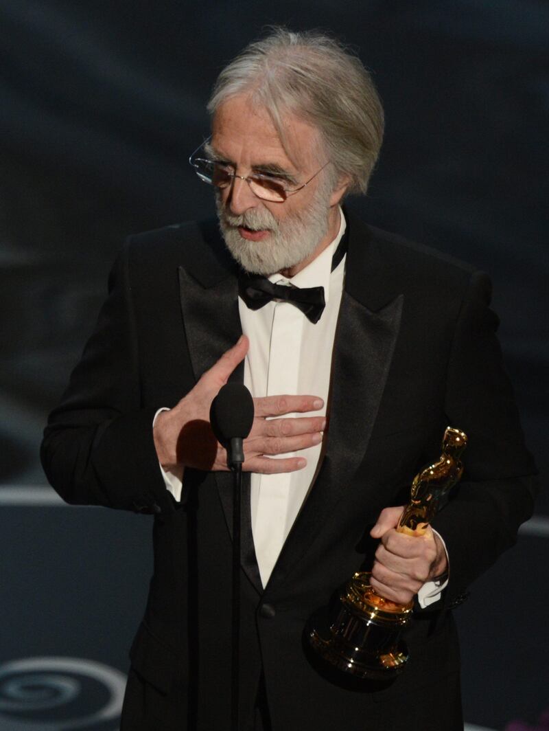 Best Foreign Language Film winner Michael Haneke accepts his award onstage at the 85th Annual Academy Awards on February 24, 2013 in Hollywood, California. AFP PHOTO/Robyn BECK
 *** Local Caption ***  564599-01-08.jpg