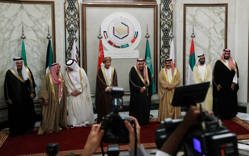 Leaders of the Gulf Cooperation Council (GCC) pose for photographers during a group picture following their summit in Riyadh, Saudi Arabia, Tuesday, Dec.10, 2019. (AP Photo/Amr Nabil)