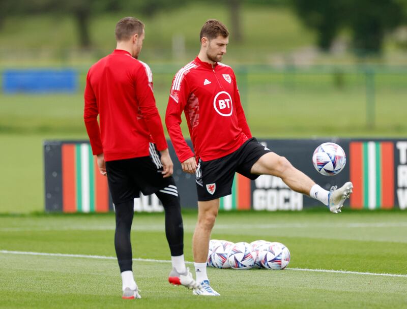  Wales' Ben Davies during training with teammates. Reuters