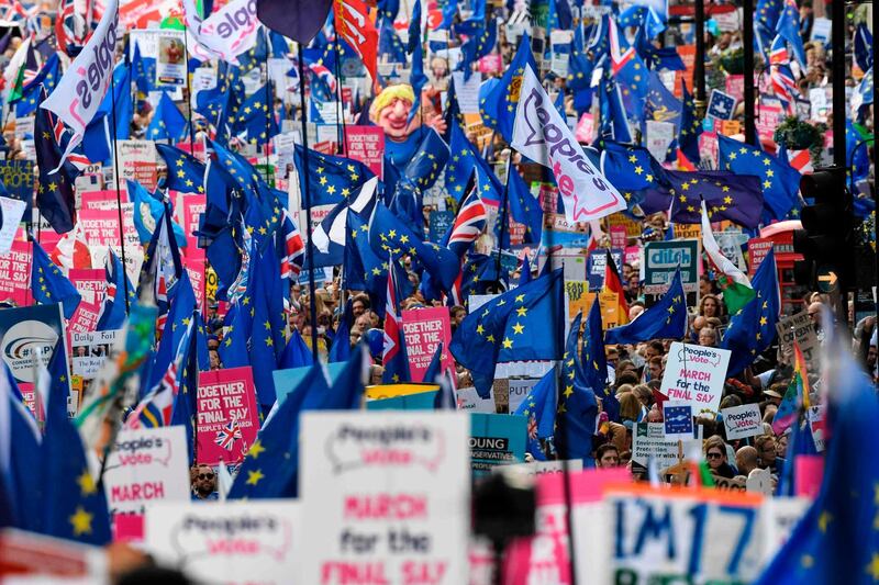 Thousands of people marched to parliament calling for a "People's Vote". AFP