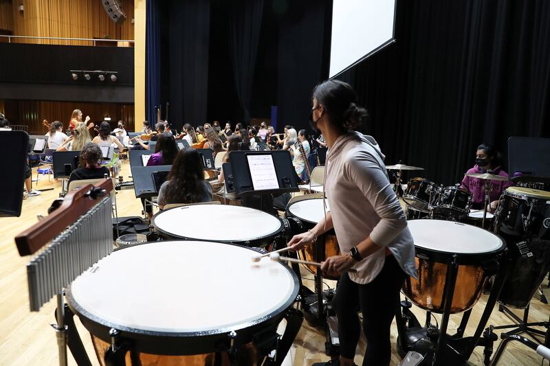 The percussion section of the Firdaus Orchestra.